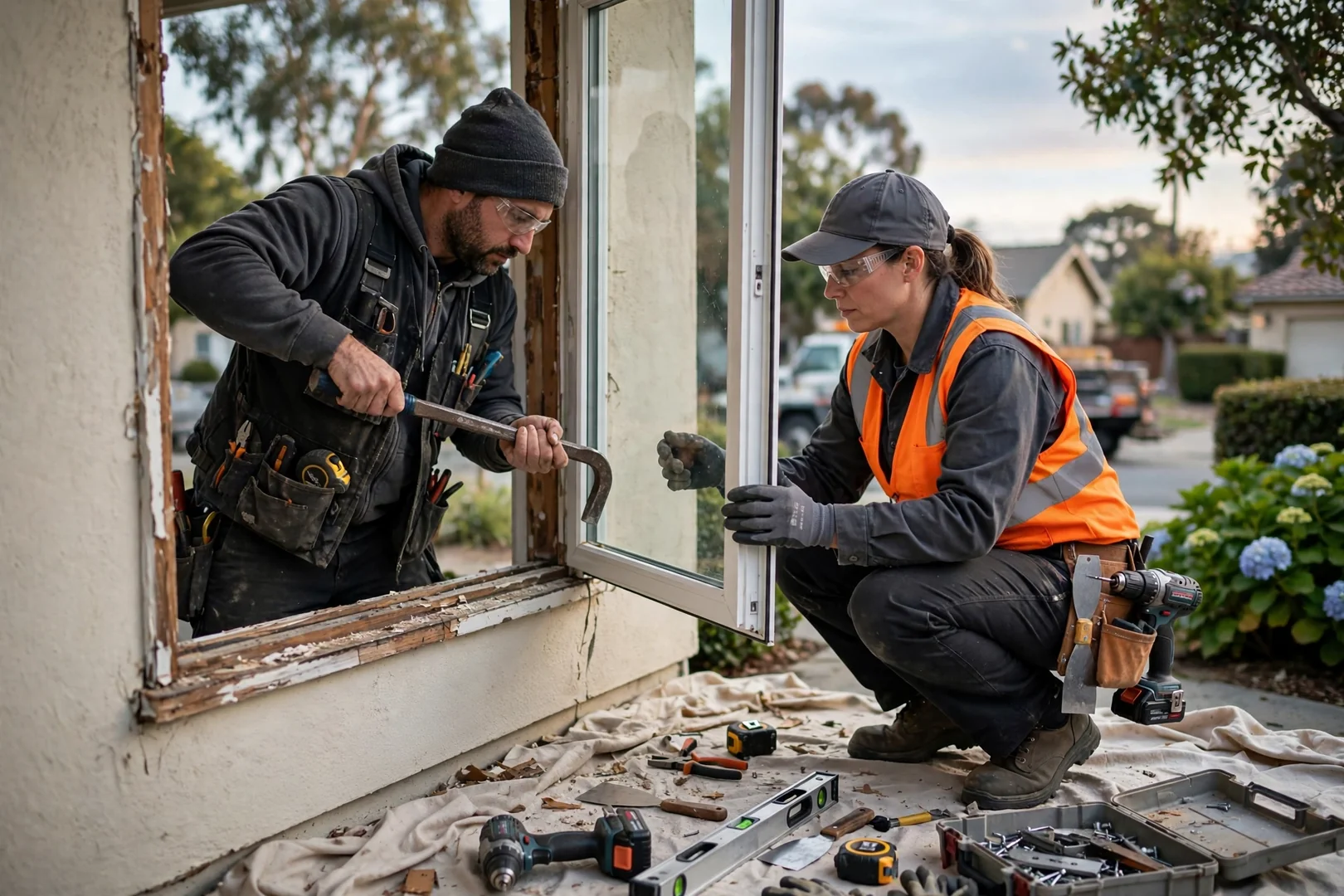 Contractor measuring a bay window opening while pricing a replacement project on a Burlingame home