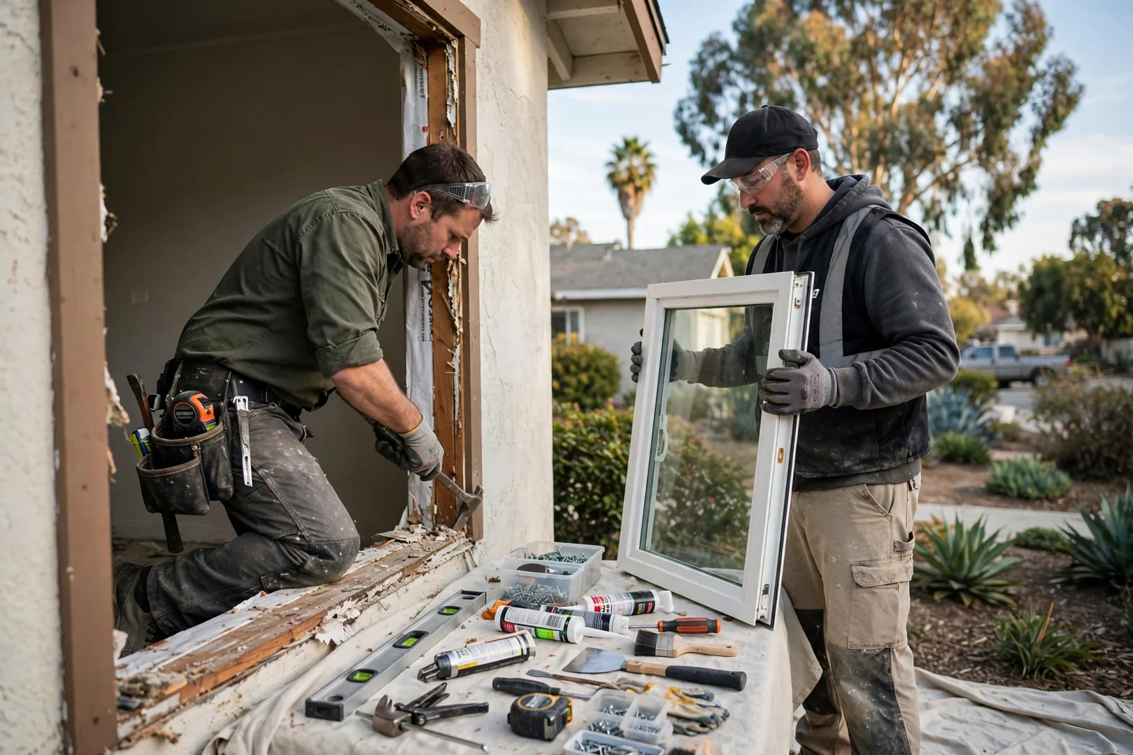 Installer setting a new bay window unit into a Burlingame home opening