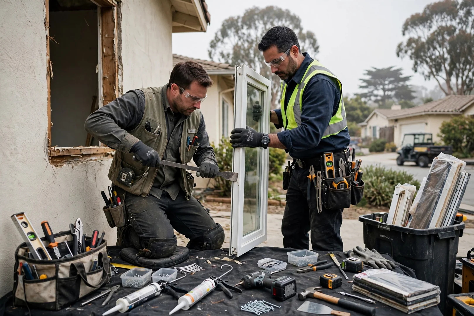 Crew installing a new angled bay window unit on a Burlingame home exterior