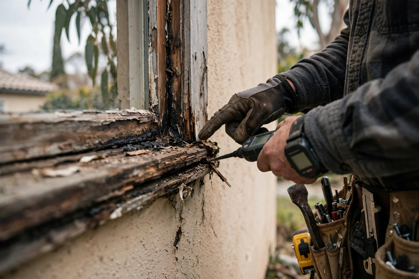 Installer checking bay window framing and flashing before setting new unit