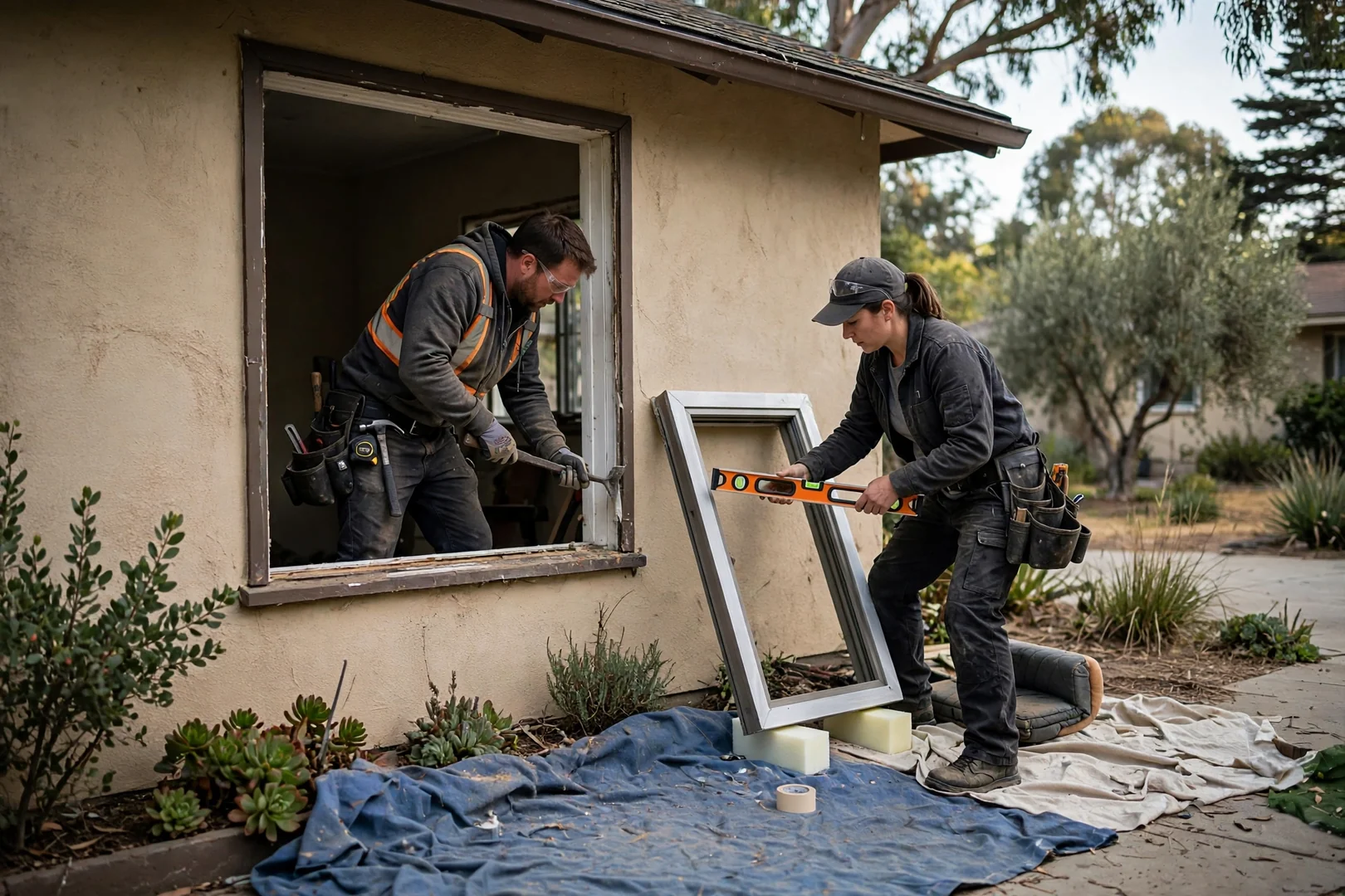 Crew setting a new bay window unit into a framed opening