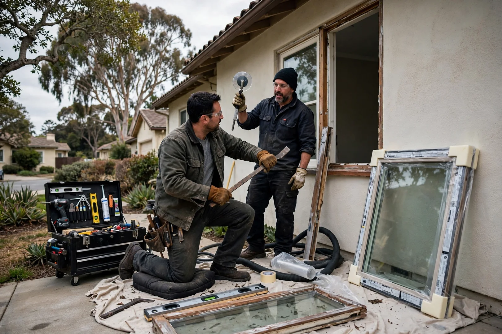 Installer measuring a curved bow window opening on a Burlingame home exterior wall