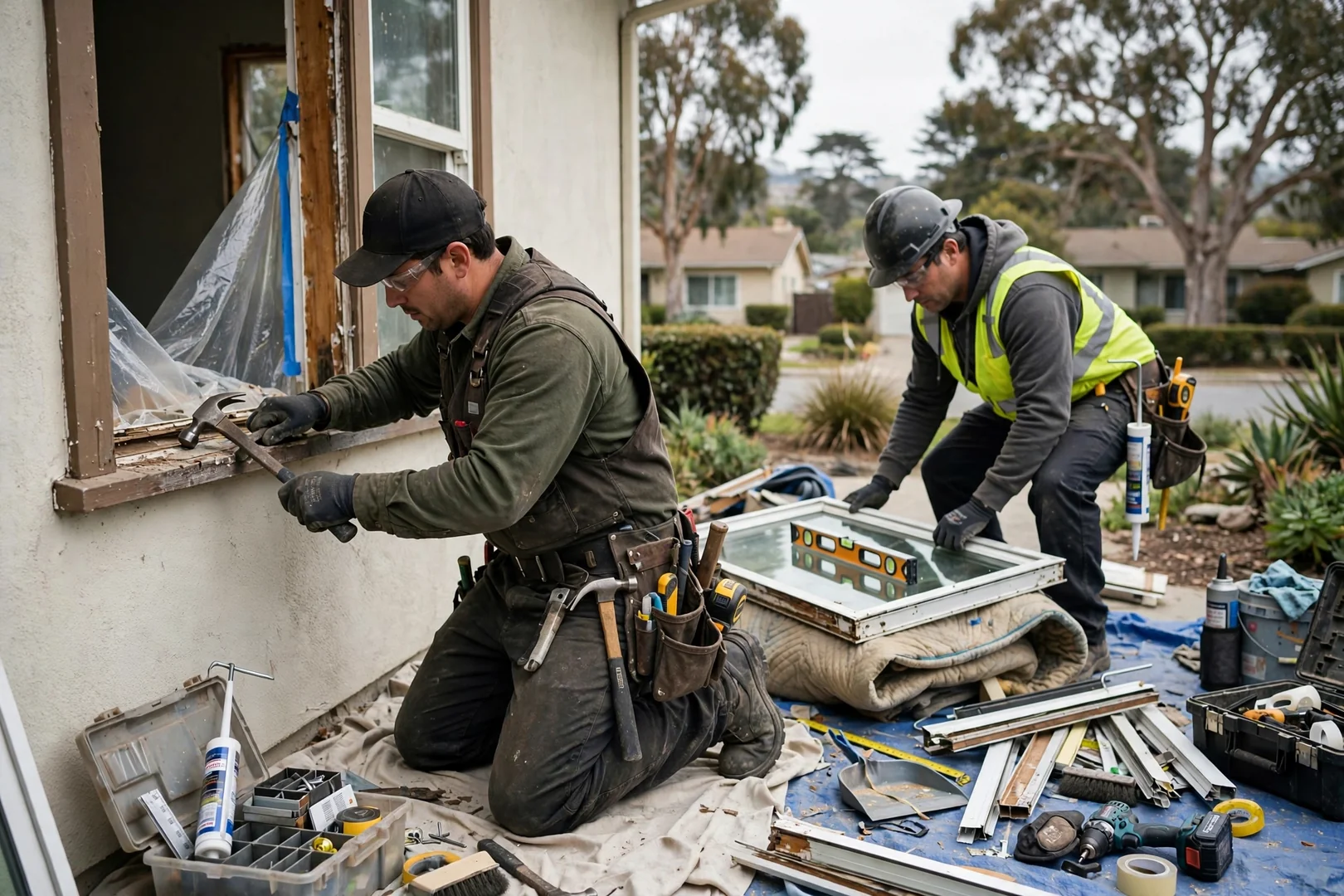 Installer setting a new bow window unit into a framed opening on a Burlingame home