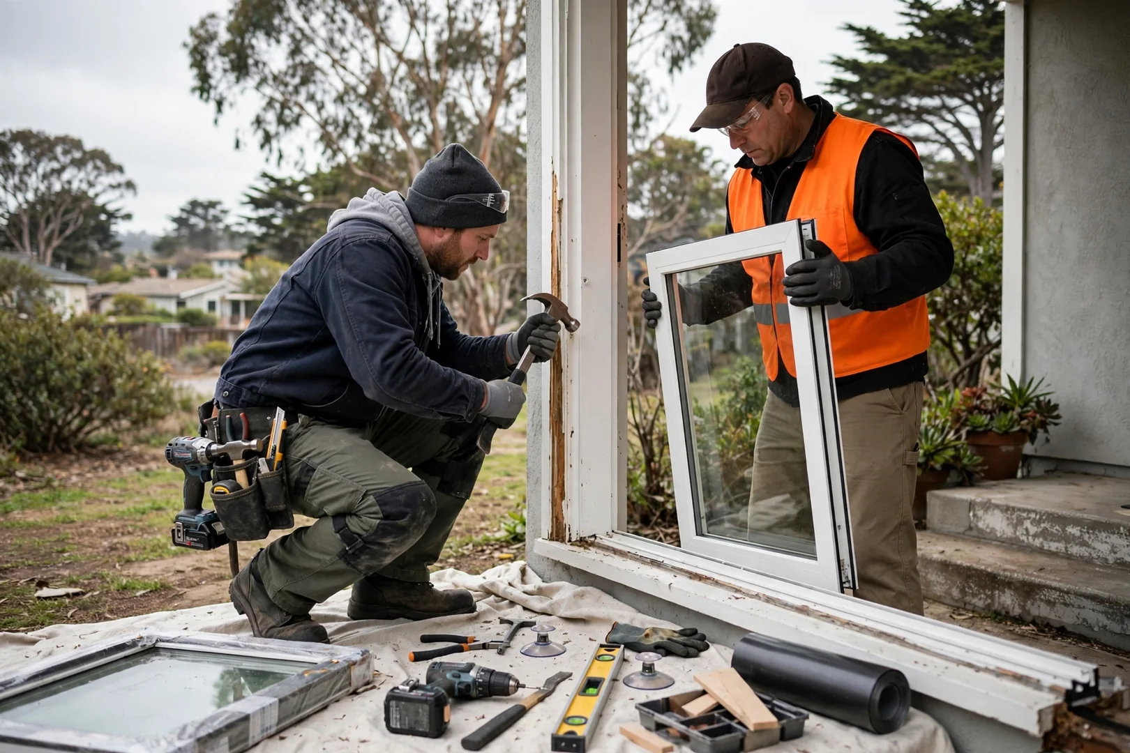 Crew setting a curved bow window assembly into a rebuilt opening on a Burlingame home