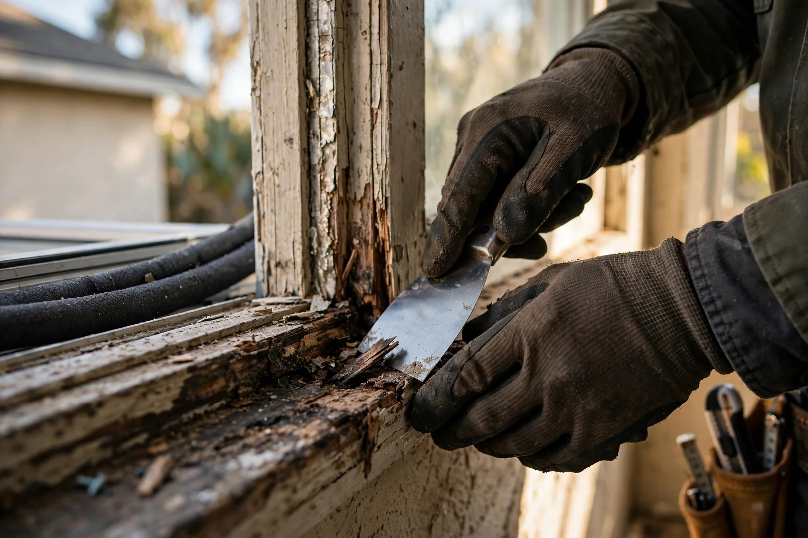 Installer checking sagging seat board support under bow window