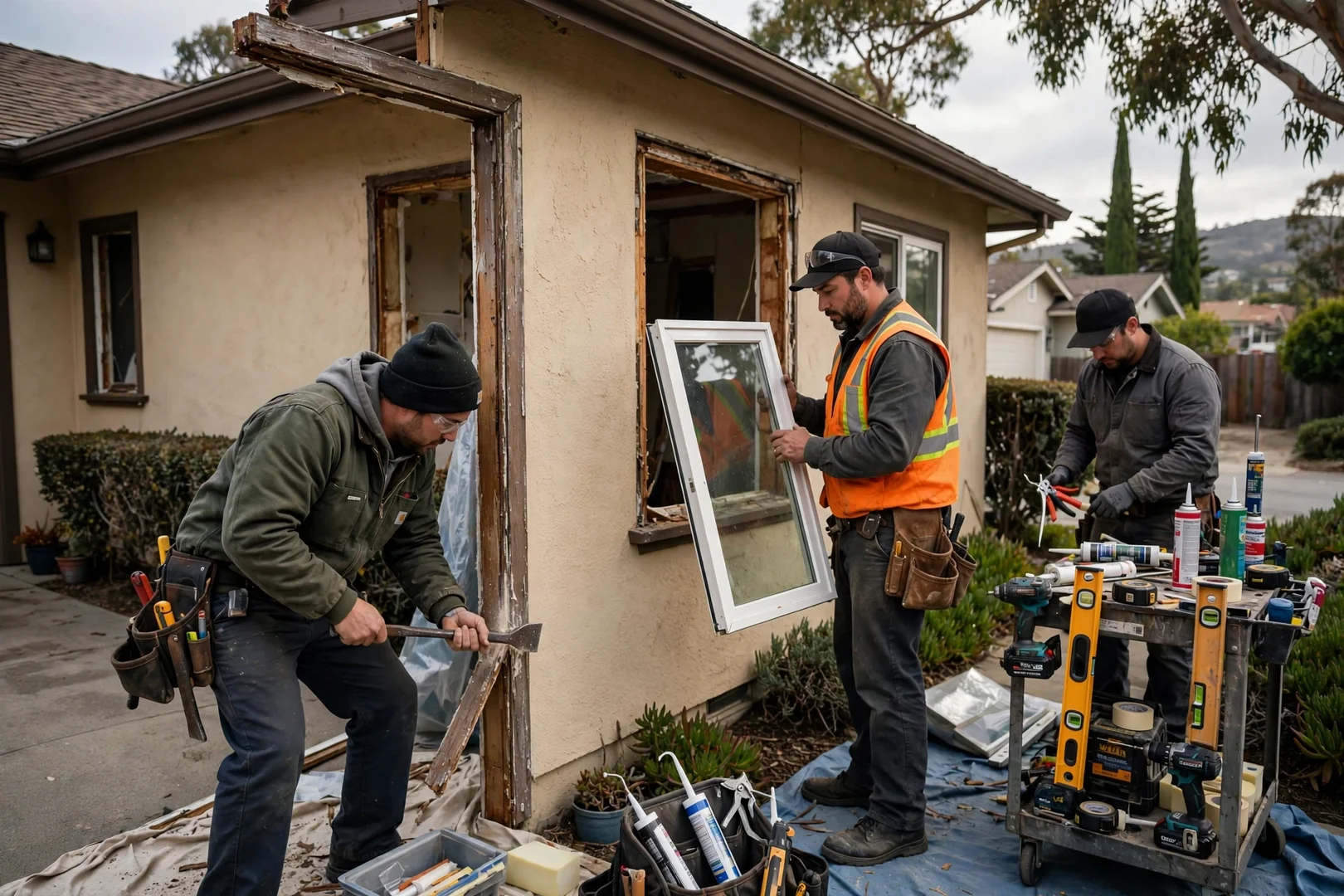 Crew setting a curved bow window unit into a framed opening