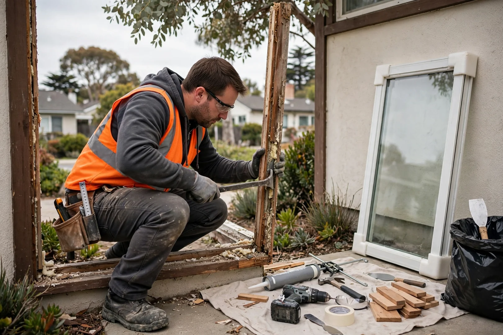 Installer measuring a casement window rough opening during a cost assessment on a Burlingame home