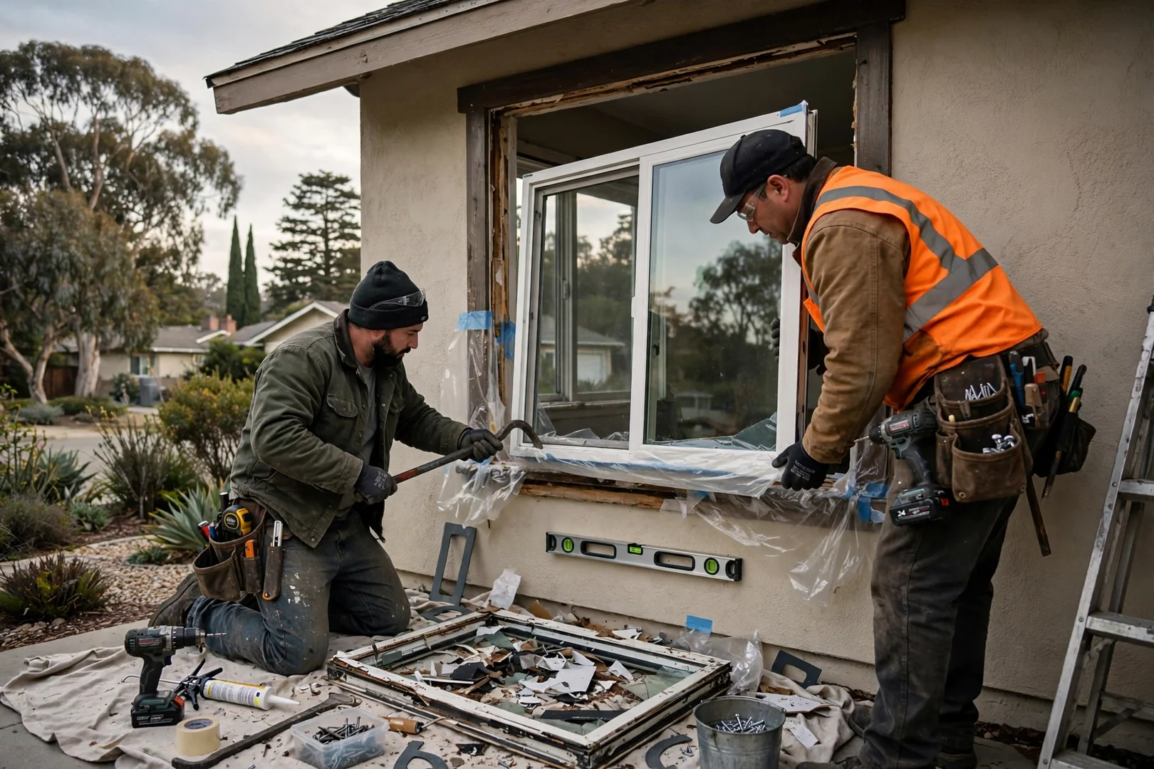 Installer setting a new casement window into a prepped opening on a Burlingame home