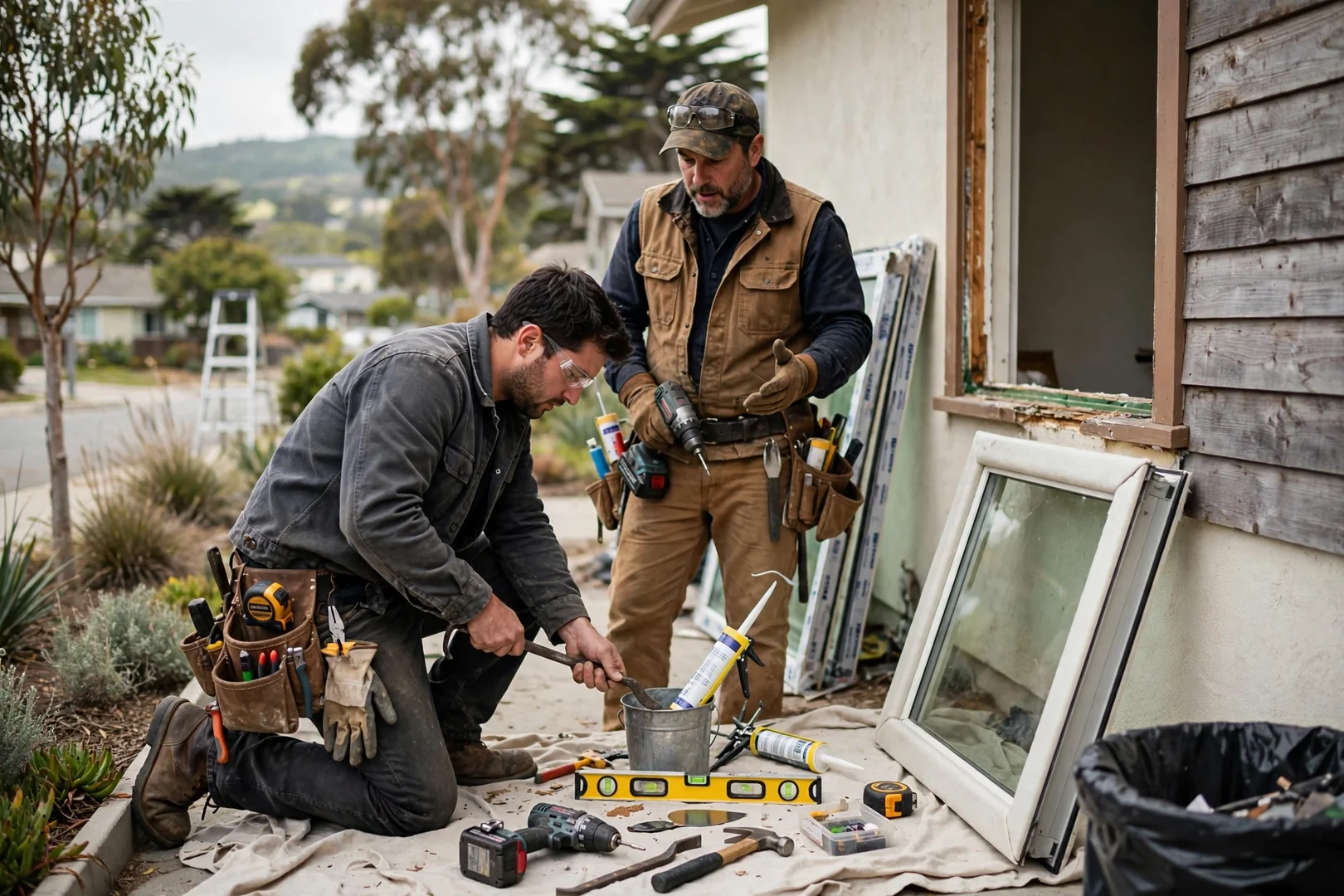 Installer setting a new crank-operated casement window into a prepared Burlingame wall opening