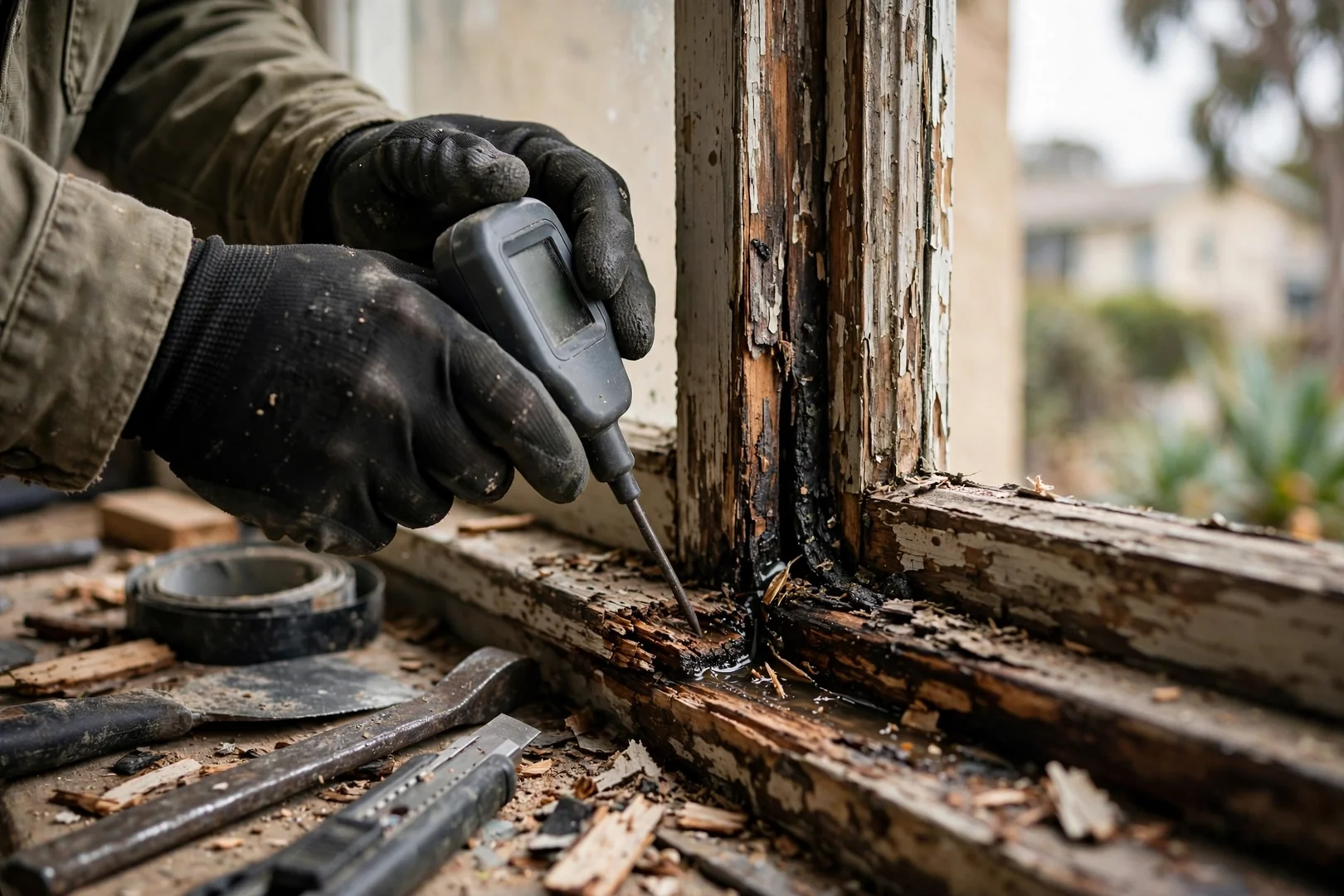 Rotted casement sill and separated frame joint before replacement work