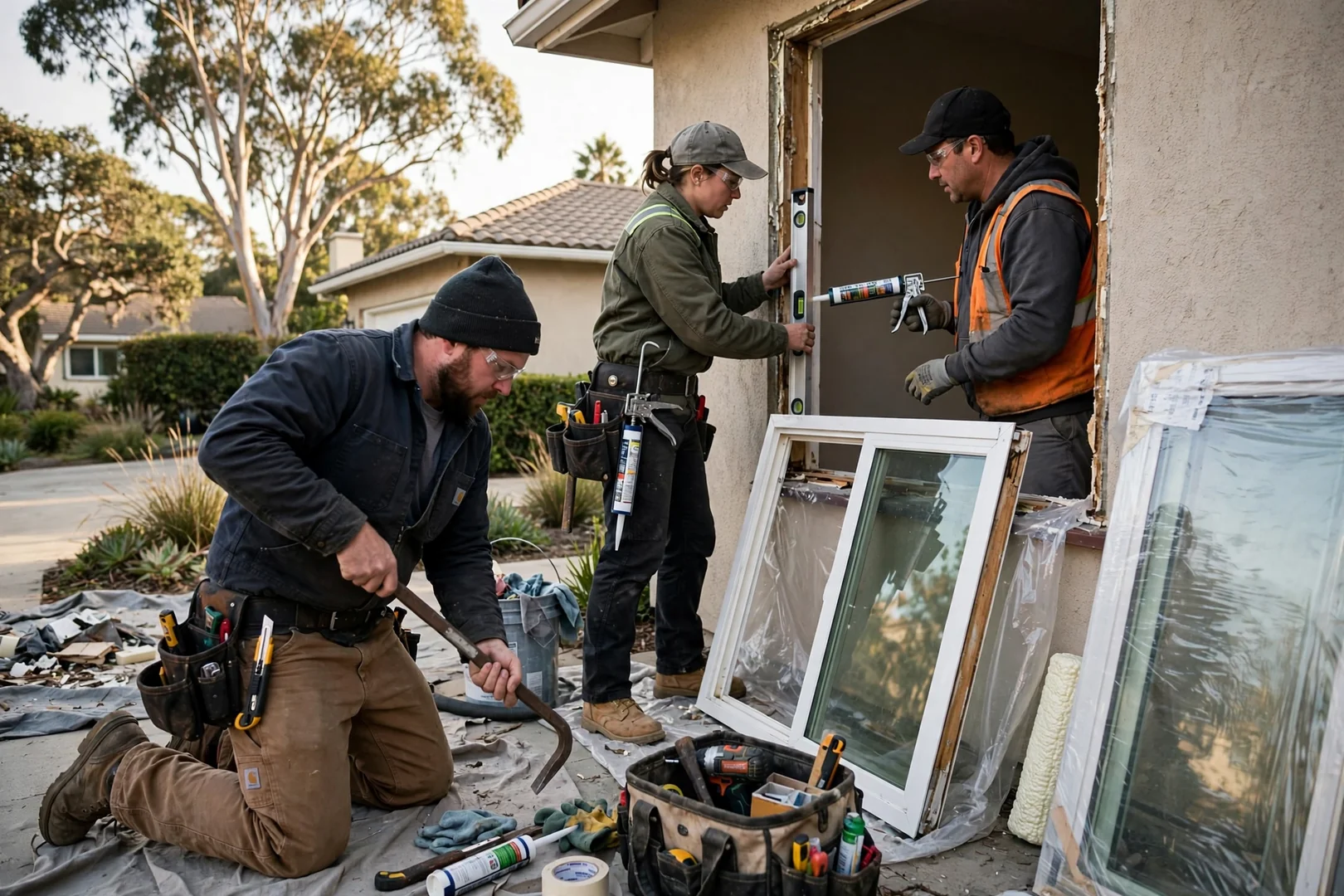 Crew setting a new casement window into a plumb frame