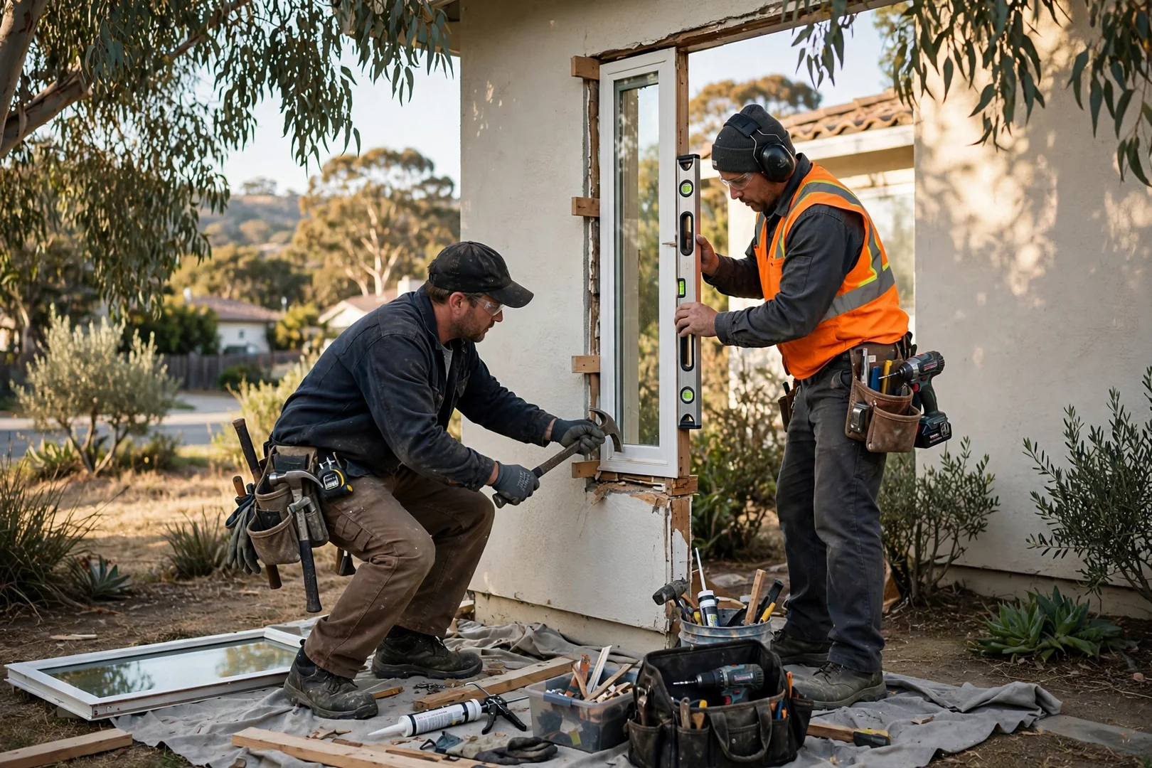 Contractor measuring a double hung window opening while preparing a replacement estimate in Burlingame