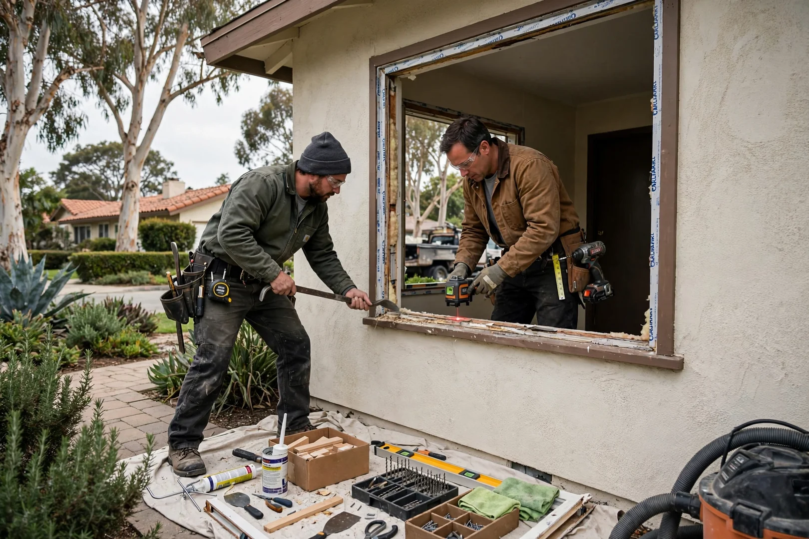 Installer setting a new double hung window into a prepped frame on a Burlingame home