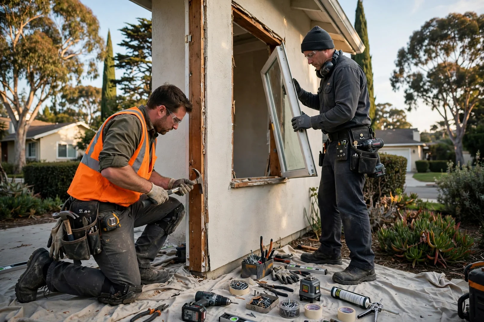 Installer setting a new double hung window into a prepped opening on a Burlingame home