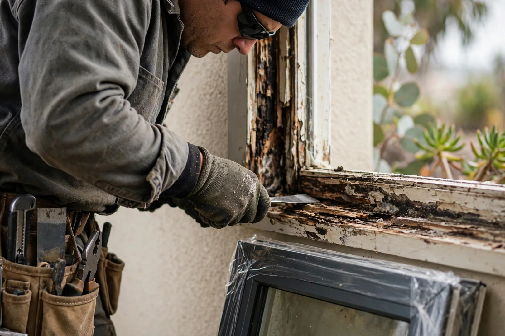 Rotted wood sill and worn weatherstripping at a window jamb