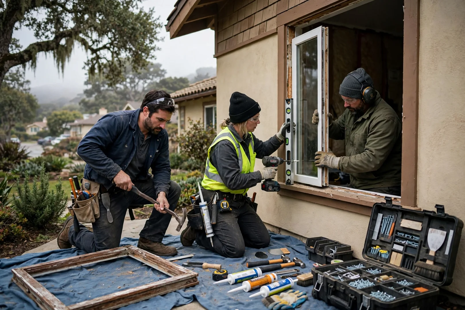 Installer setting a new double hung window sash