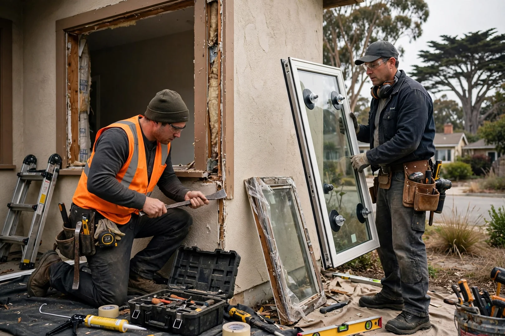 Installer setting a basement egress window and steel window well at a Burlingame home