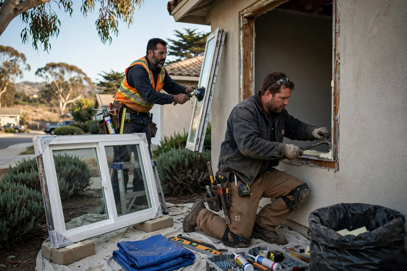 Crew setting a code sized egress window into a Burlingame basement wall