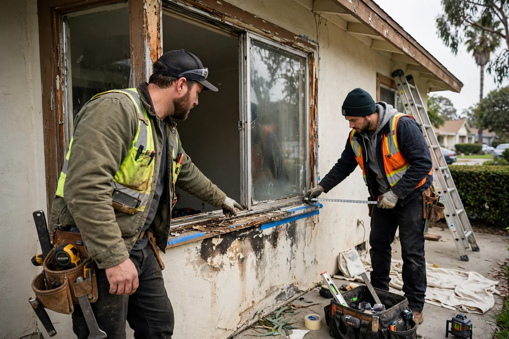 Cracked basement window and damp well in a Burlingame home