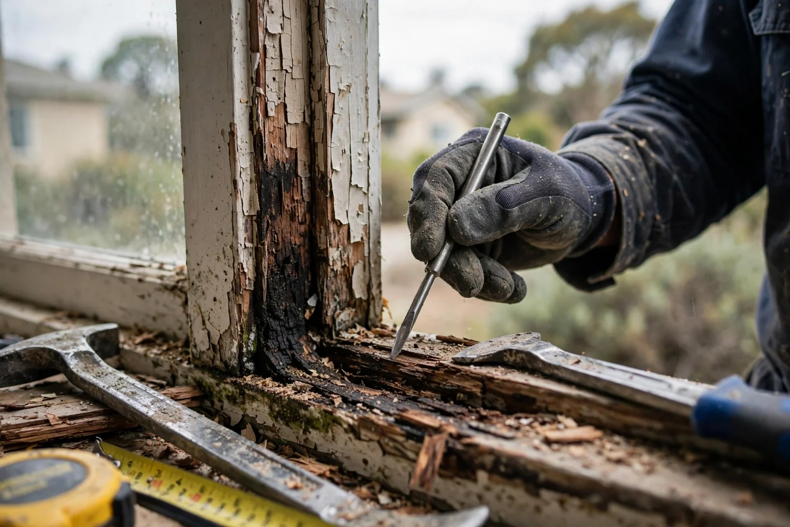 Tape measure on a narrow below grade window opening