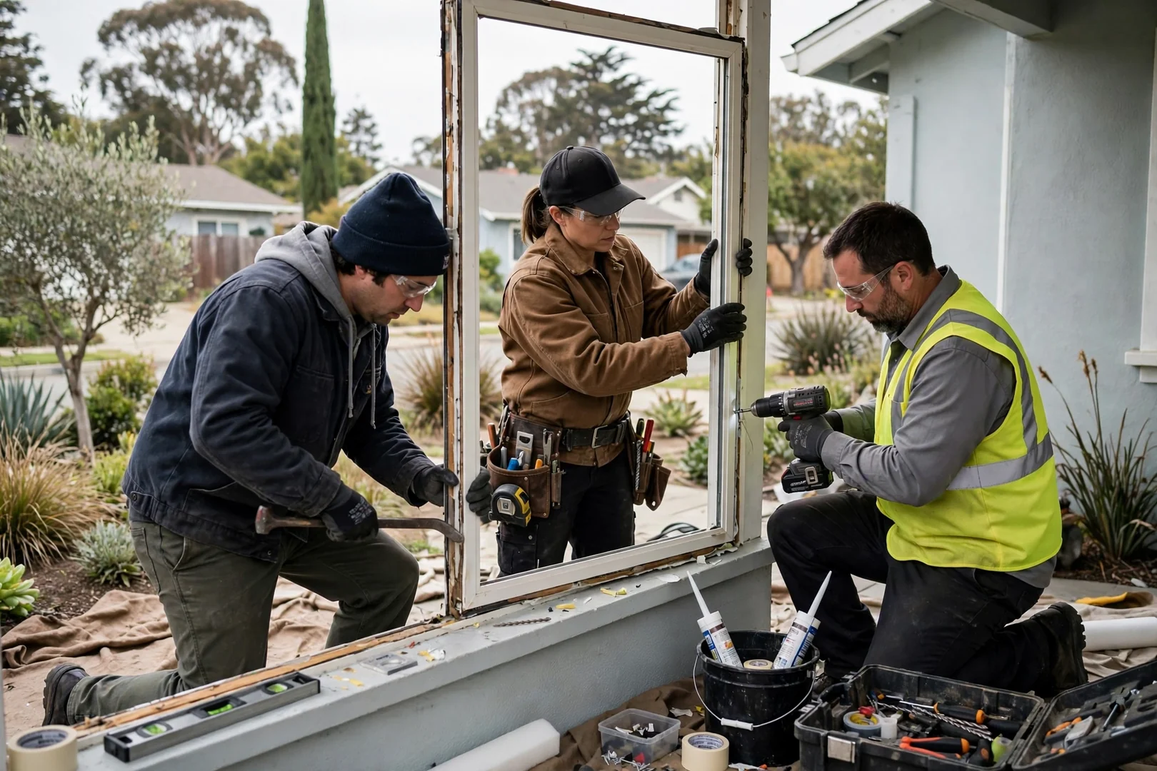 Crew cutting a foundation opening for an egress window