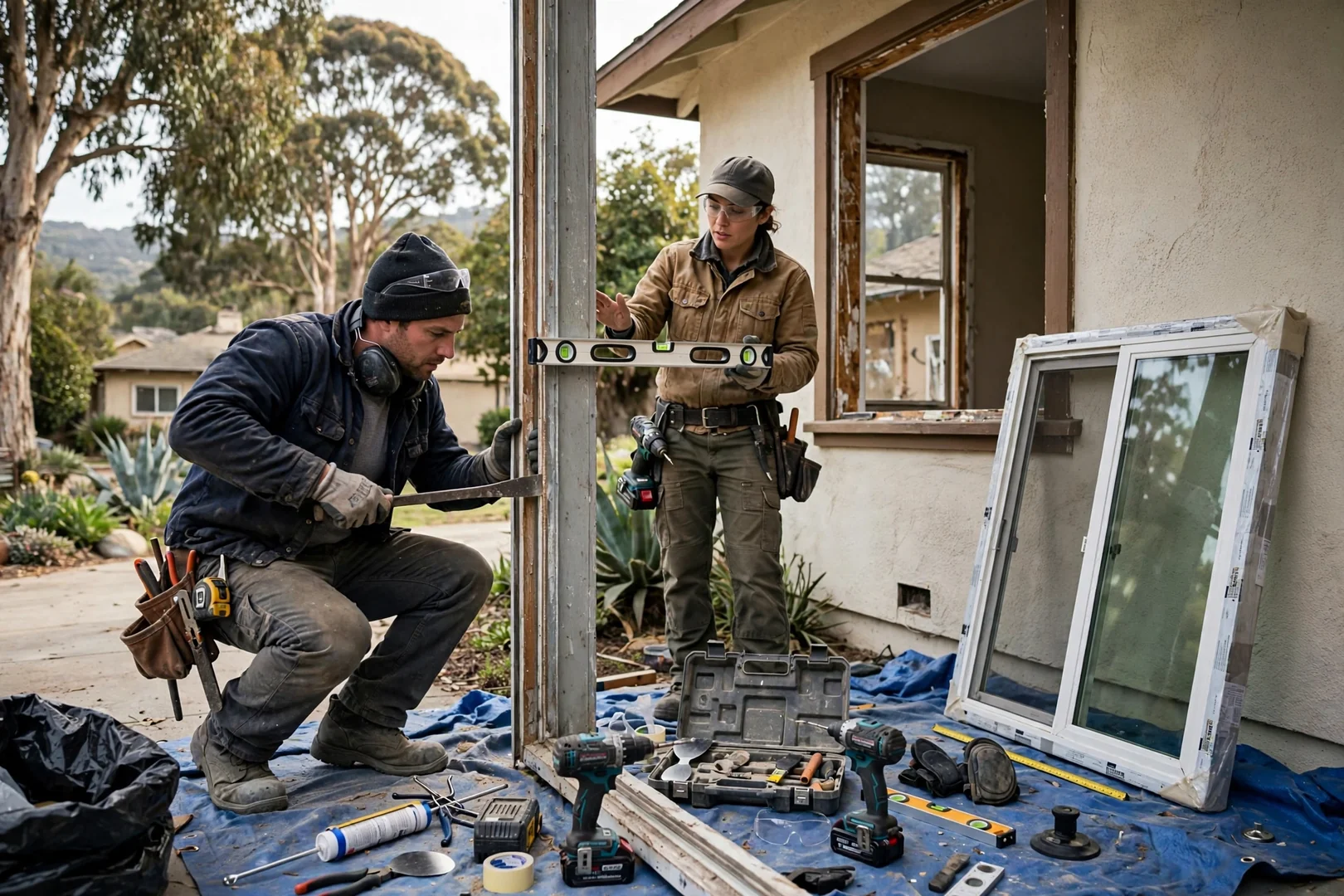 Installer measuring a window opening while preparing an energy efficient replacement estimate in Burlingame