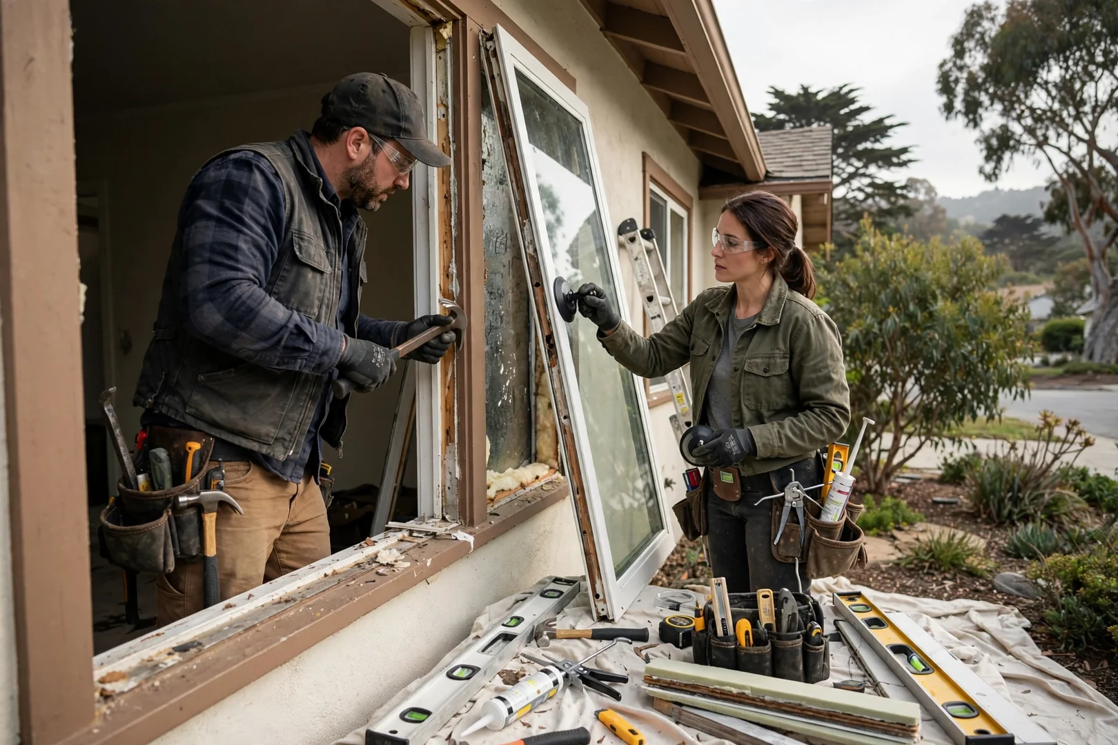 Installer setting a new energy efficient window unit into a prepped Burlingame home opening