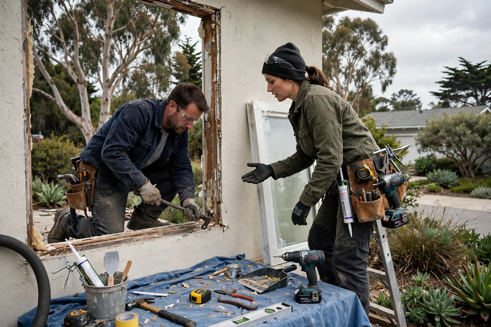 Installer setting a low-E insulated window unit into a Burlingame home opening