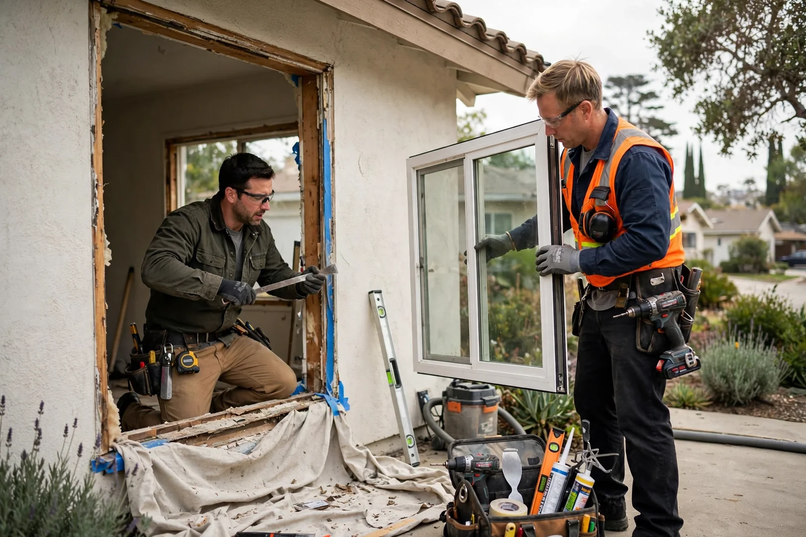 Installer measuring a large fixed picture window opening on a Burlingame home exterior