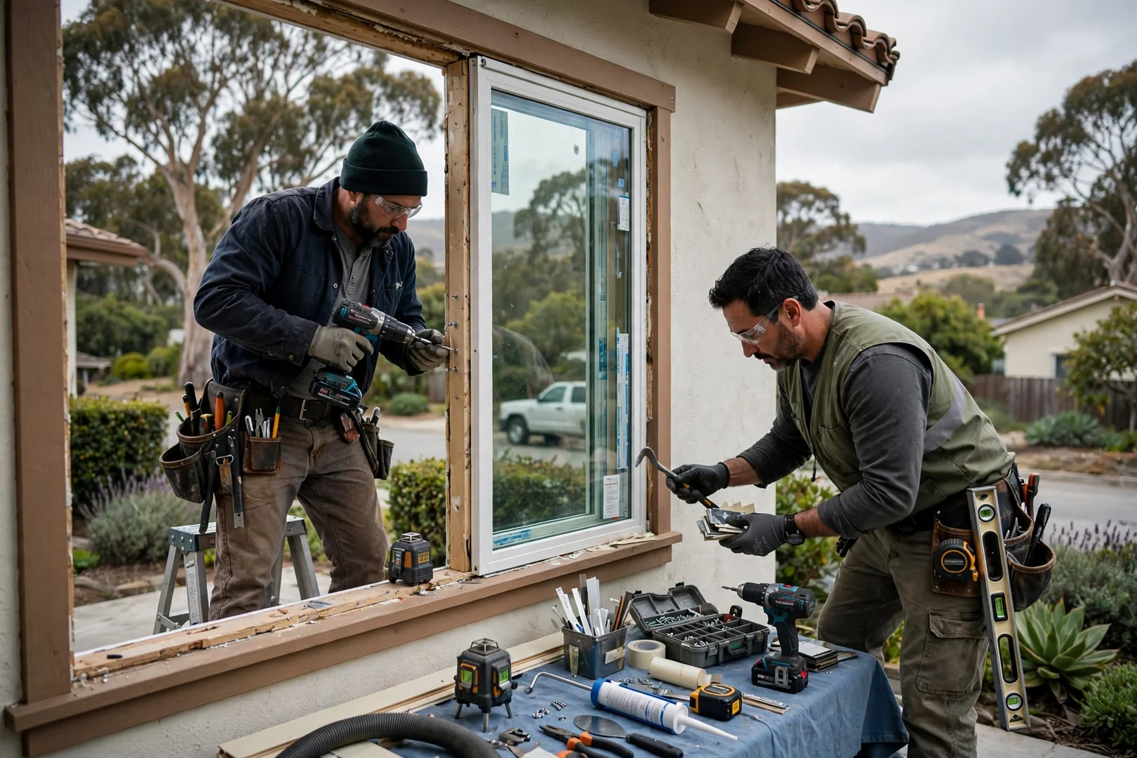 Installer setting a large picture window into a prepped opening on a Burlingame home