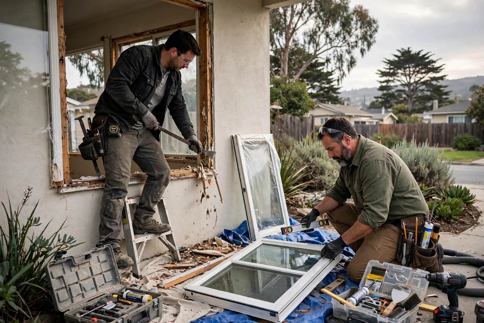 Crew setting a large insulated fixed pane into a Burlingame home opening