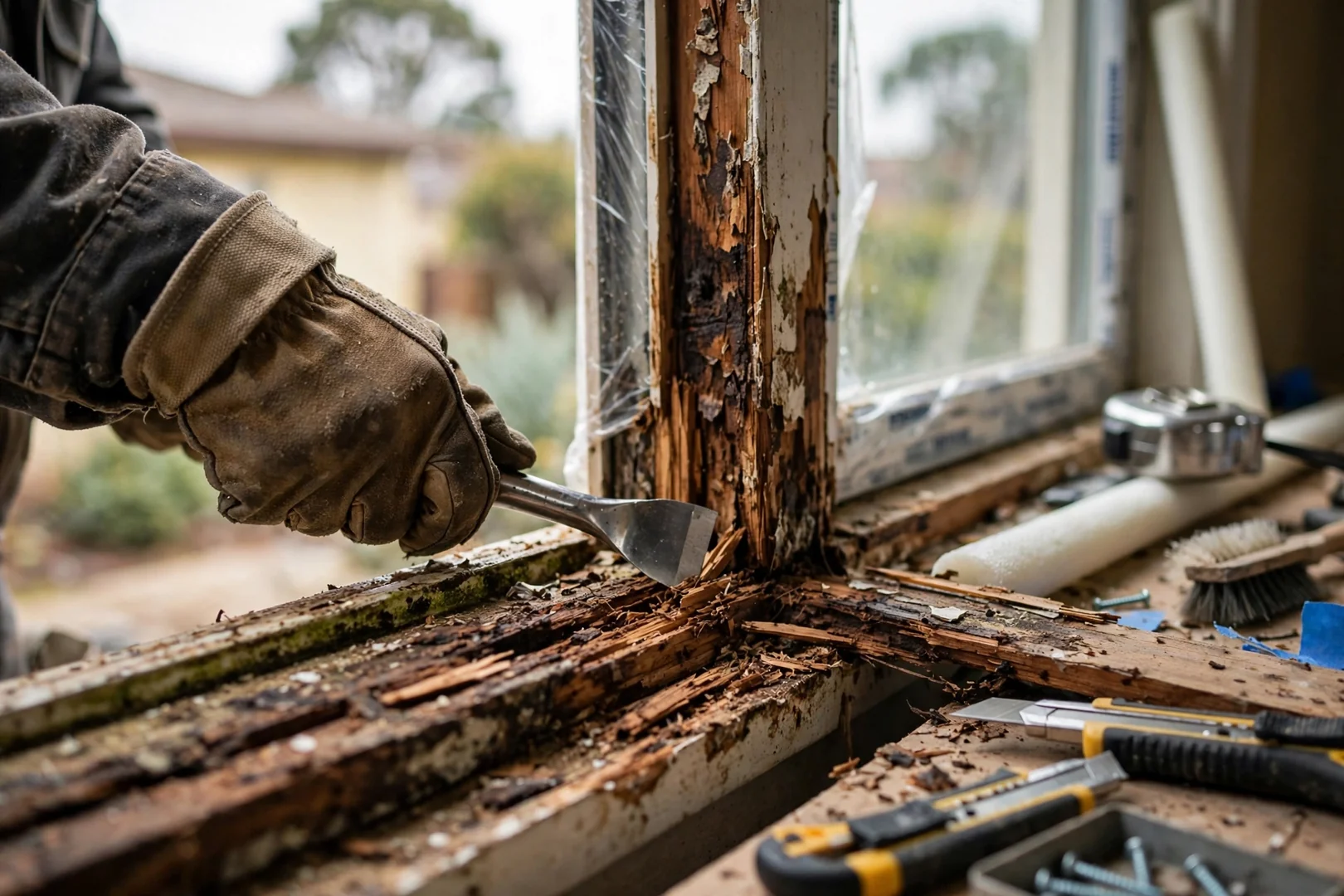 Rotted wood sill under an old fixed pane window frame