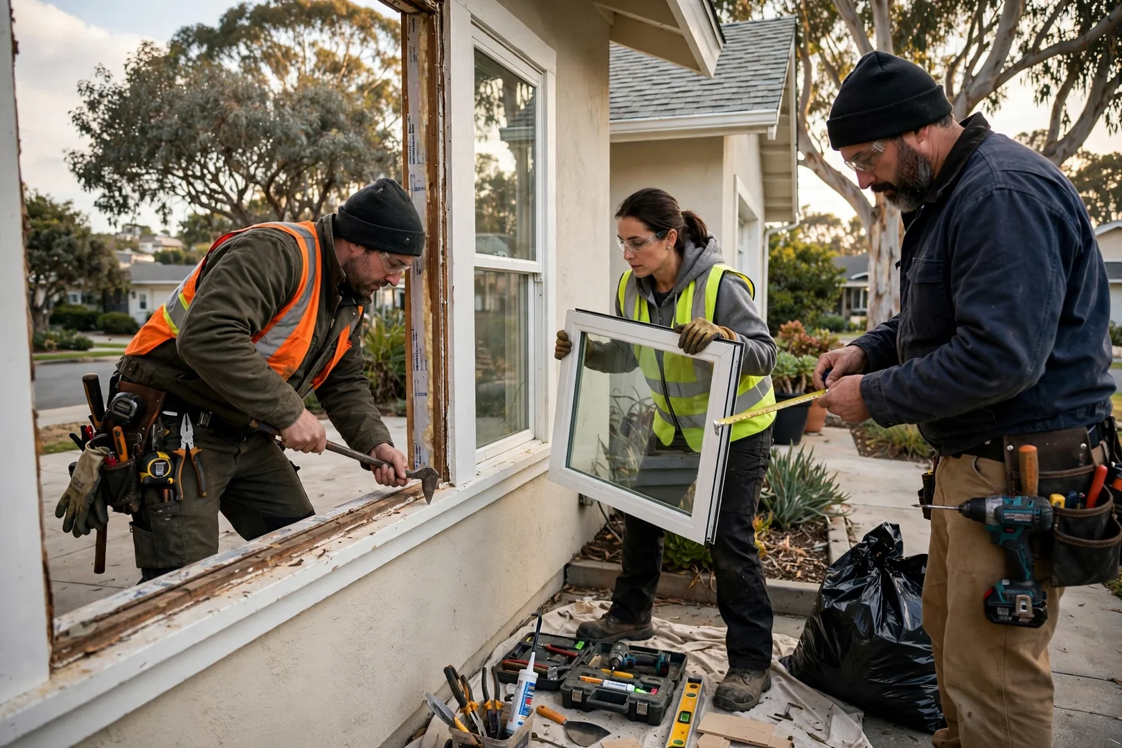 Crew setting large fixed picture window glass
