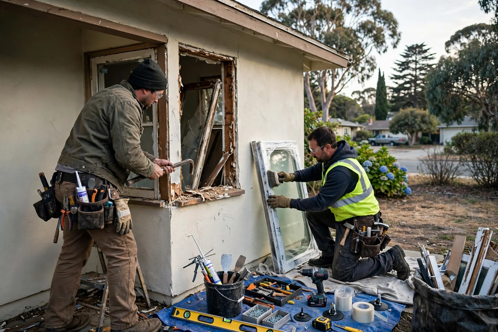 Installer measuring a patio door rough opening while pricing a sliding glass door replacement