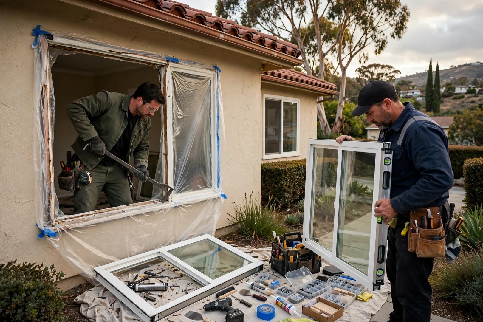 Installer setting a new sliding glass patio door into a prepped opening
