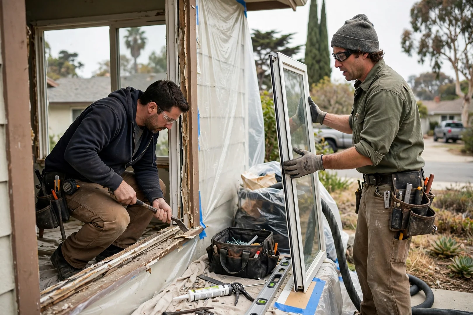 Installer squaring a new sliding glass door frame in a Burlingame patio opening