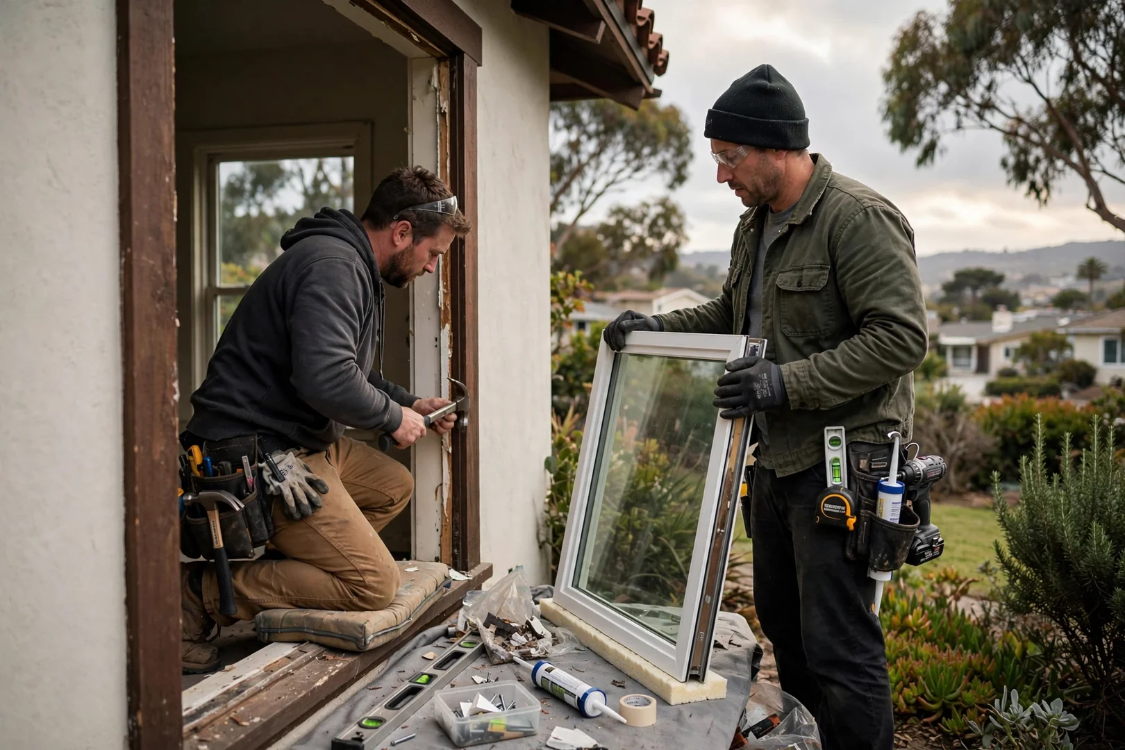 Crew setting a new sliding patio door track level