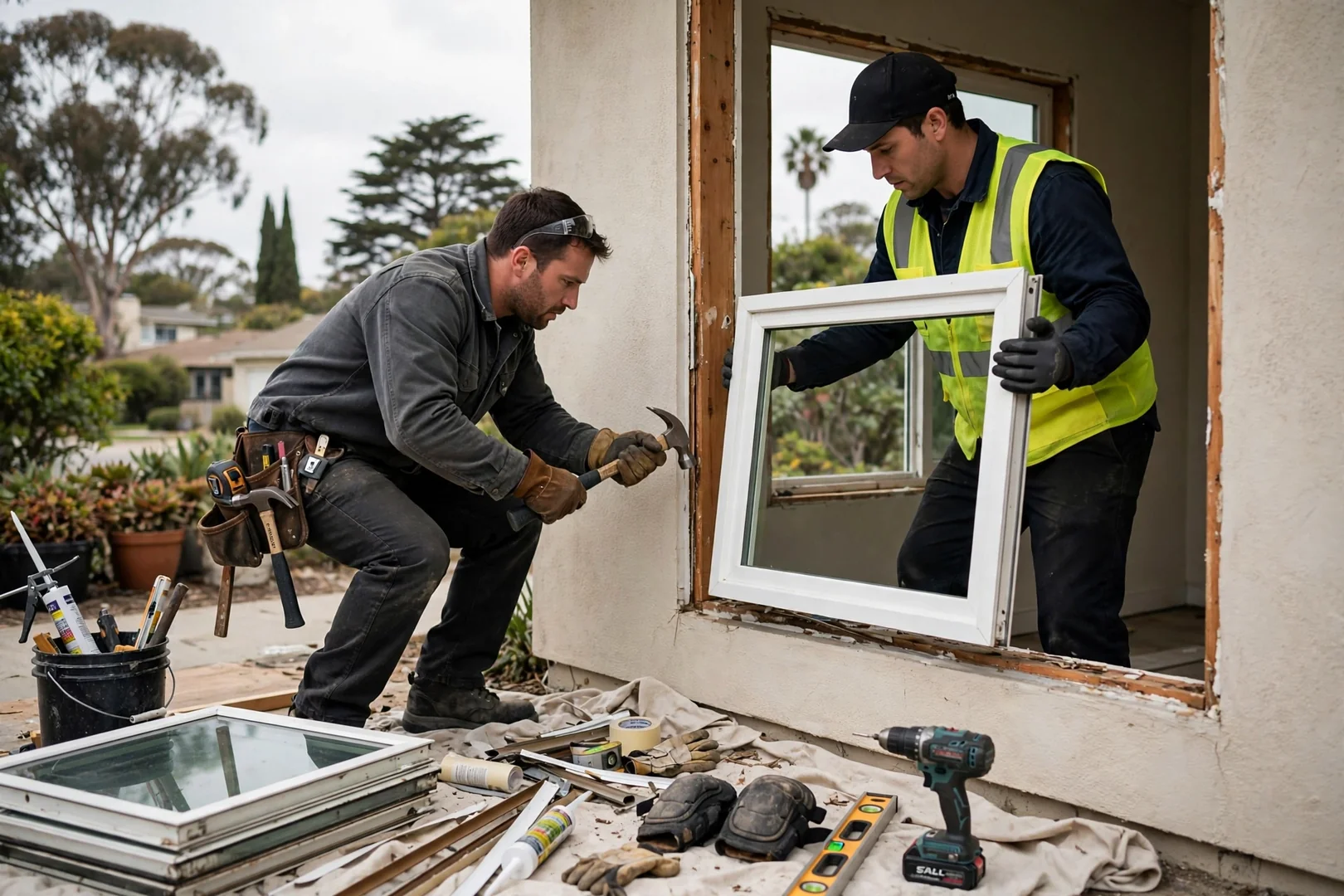 Glazier measuring a window opening while preparing replacement glass at a Burlingame home