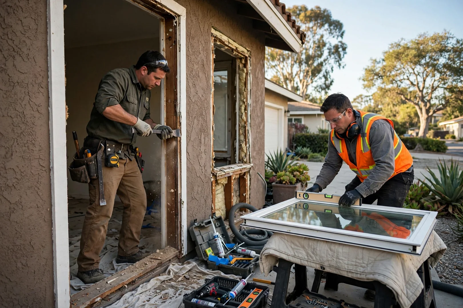 Installer setting a new insulated glass unit into a Burlingame home window frame