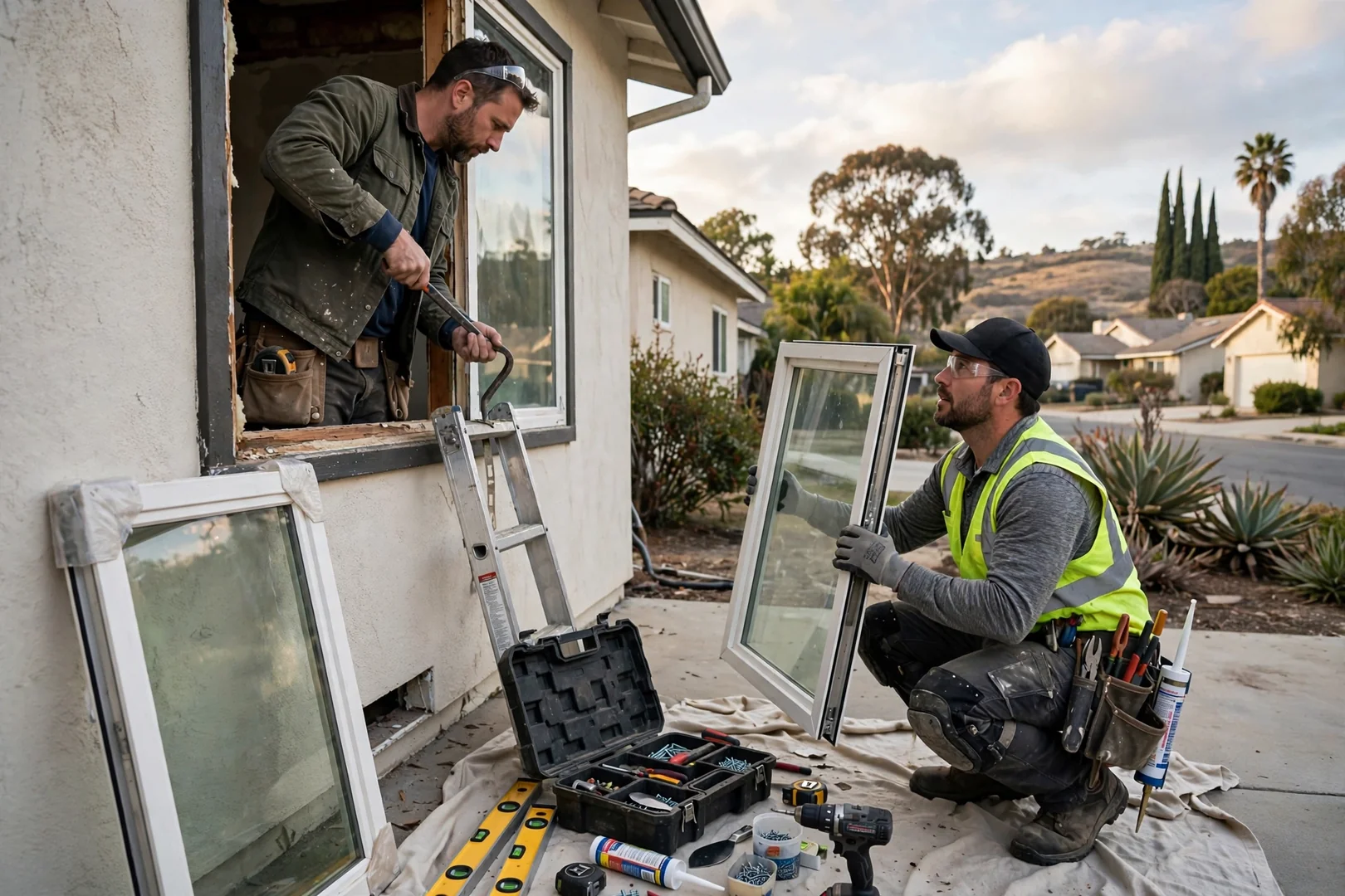 Installer setting a new insulated glass unit into a wood sash on a Burlingame home