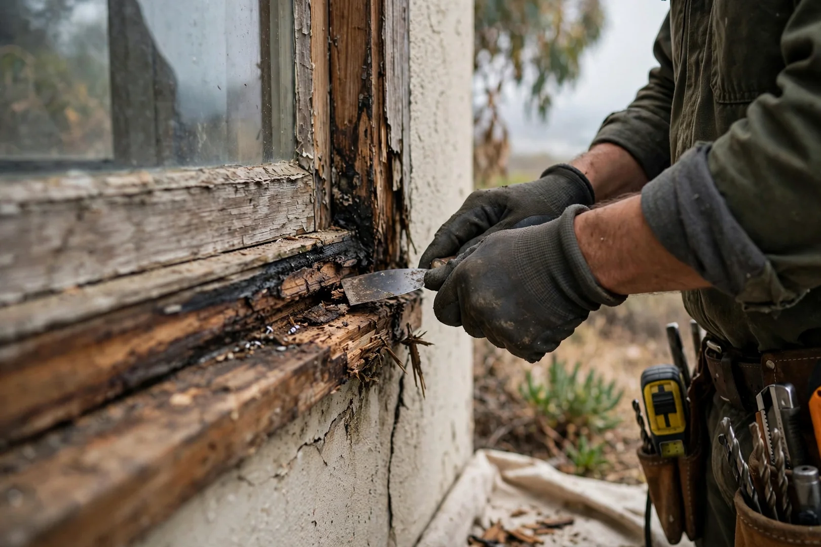 Cracked window pane with crumbling glazing putty along the sash edge