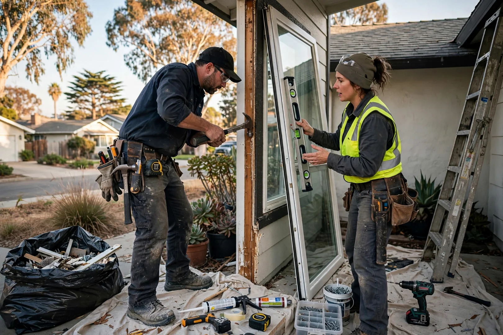 Technician measuring a fogged insulated glass unit on a Burlingame home window