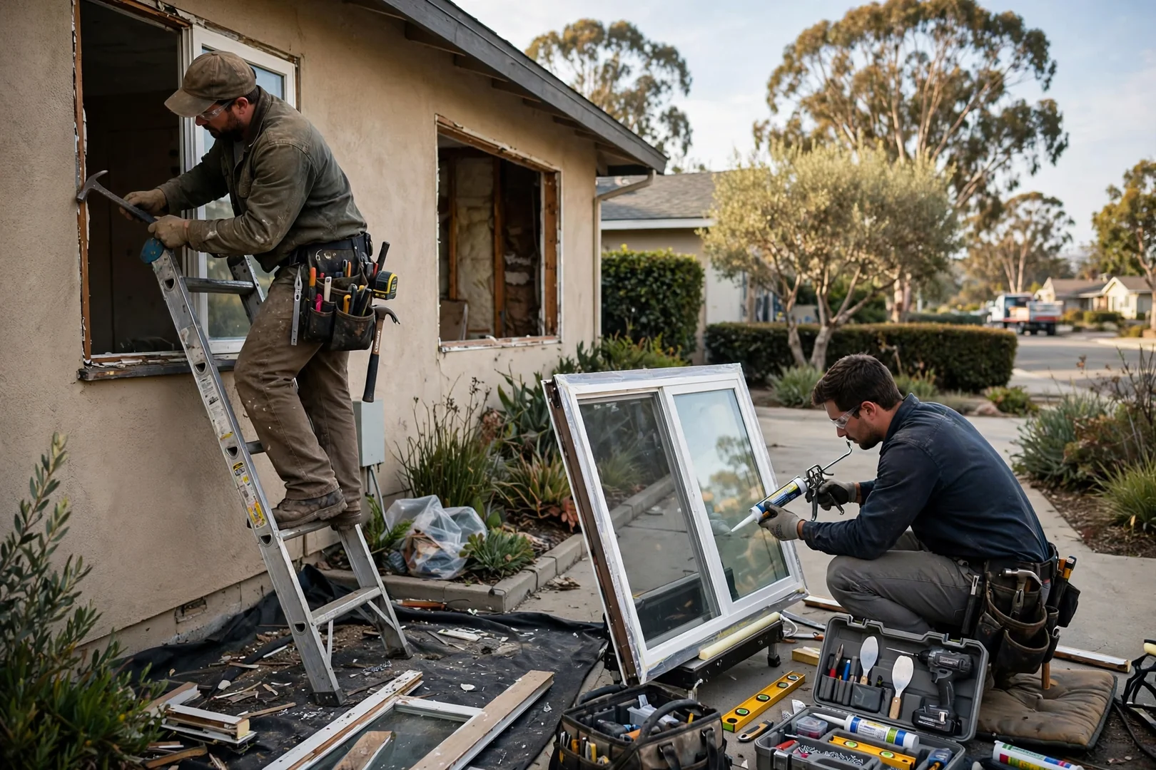 Repair technician adjusting a double hung window sash inside a Burlingame home