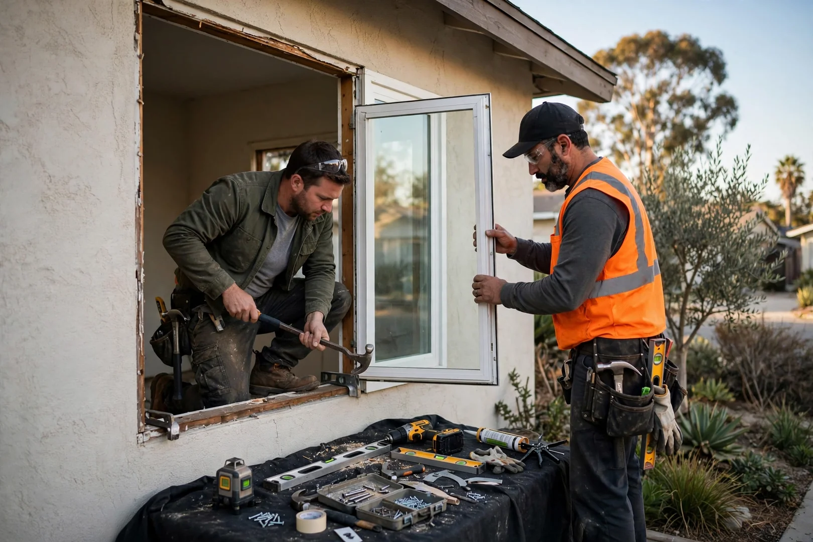 Technician rebuilding a double hung sash balance during window repair on a Burlingame home