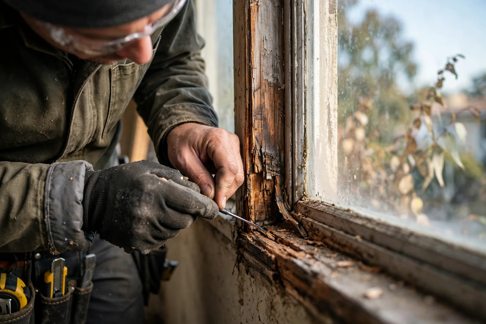 Worn weatherstripping and cracked glazing along a wood window frame