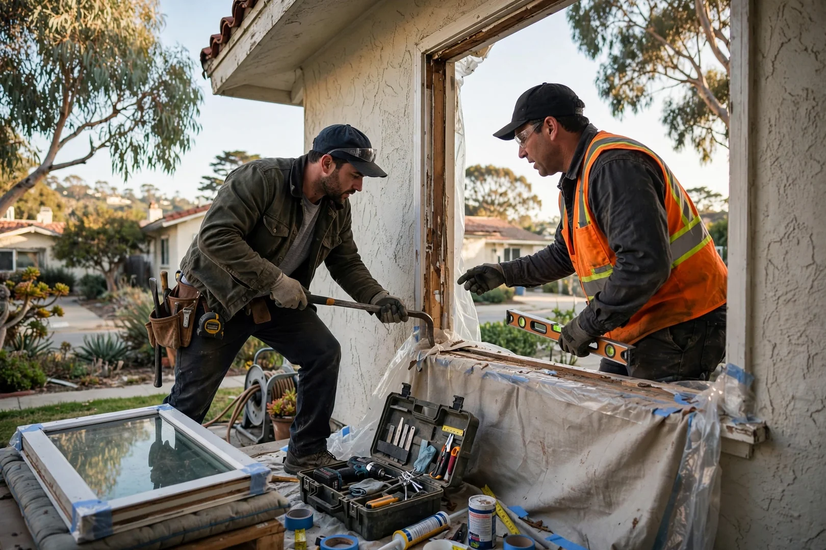 Installer setting a new double hung window into a Burlingame home opening