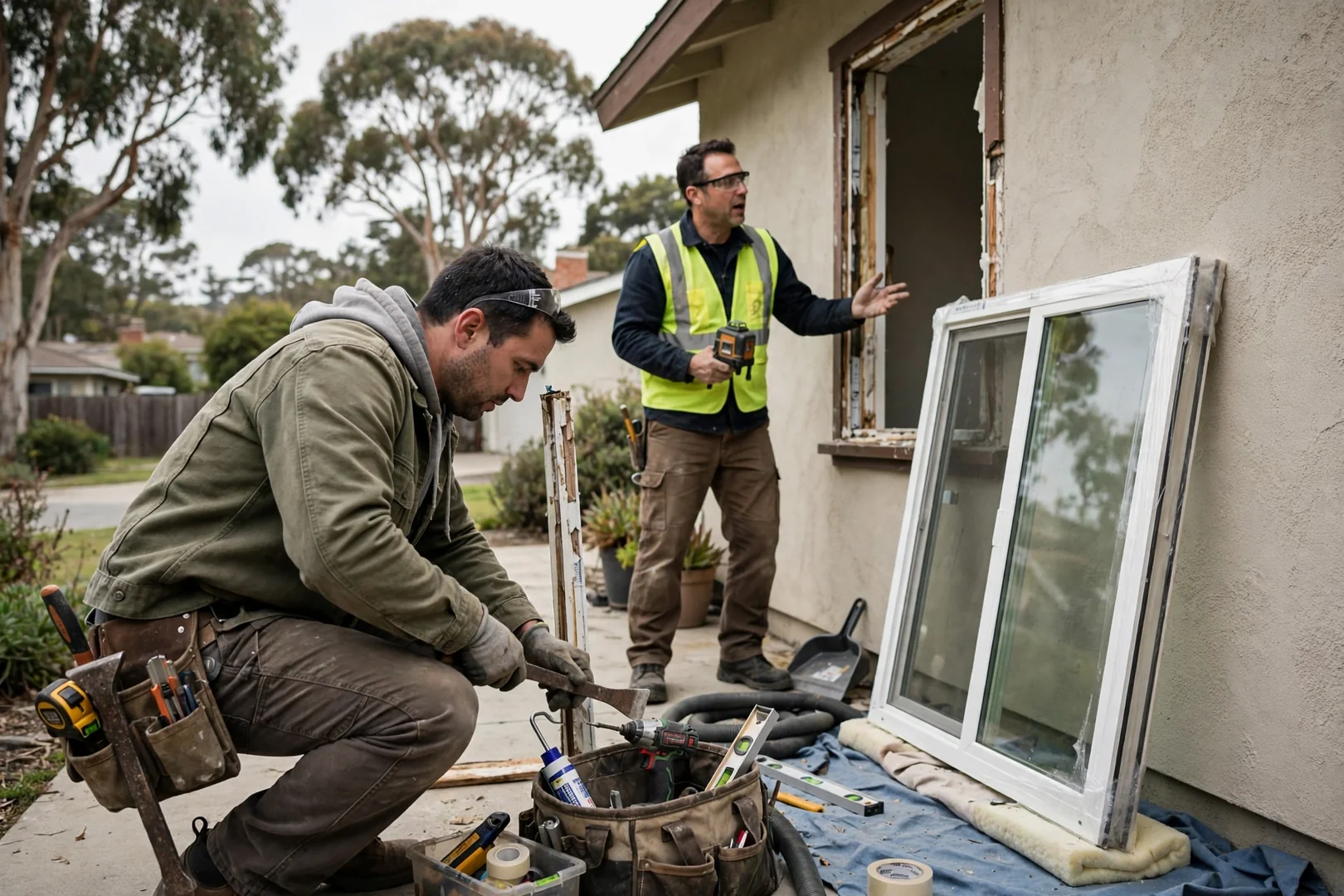 Installer checking sash operation with a homeowner during a Burlingame window replacement walkthrough