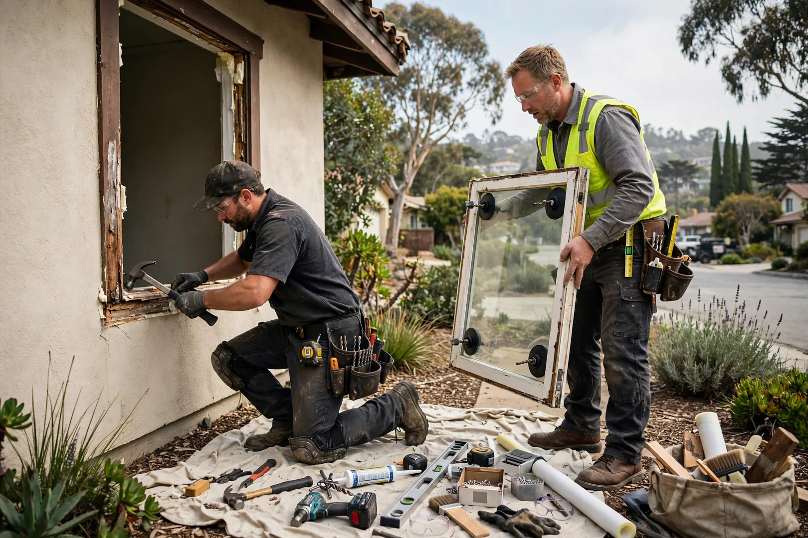 Installer measuring a rough opening while planning window replacement costs for a Burlingame home