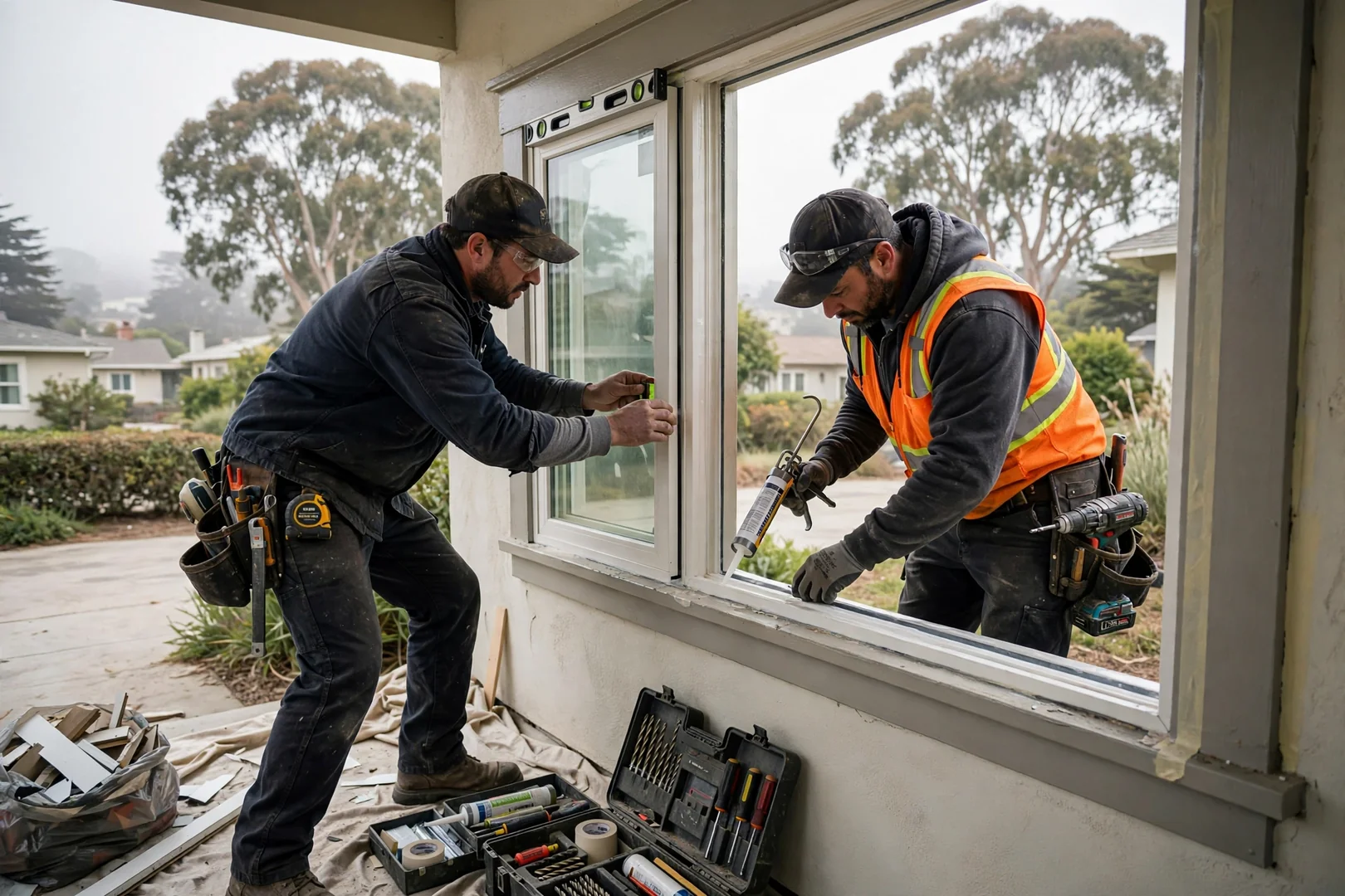 Crew loading replacement window frames and install tools from a work van in Burlingame