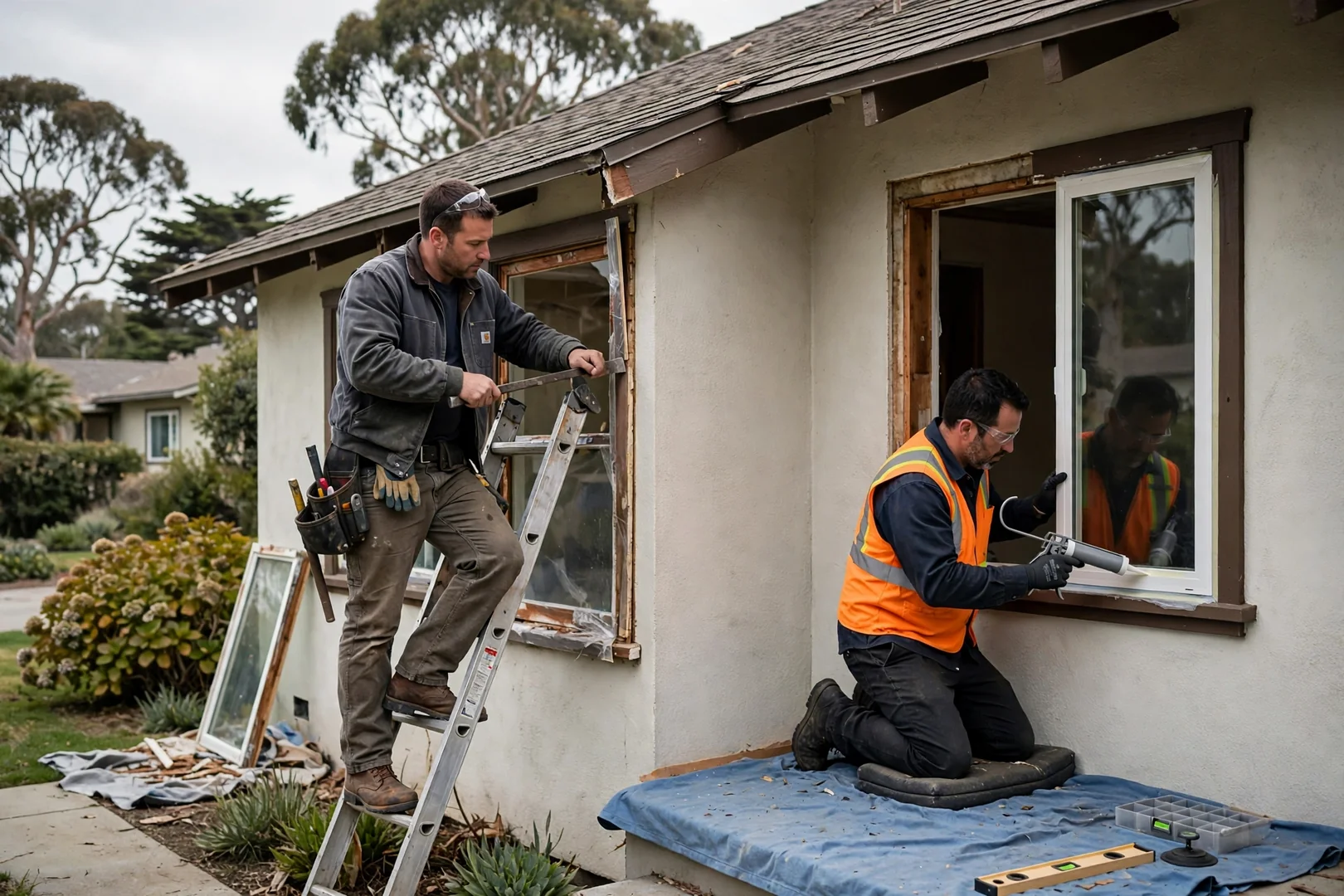 Installer setting a new double hung window unit into a prepped opening